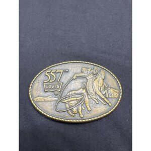 Vintage Levis 557 Brass Belt Buckle With Cowboy & Cattle Design USA Made Oval 4"